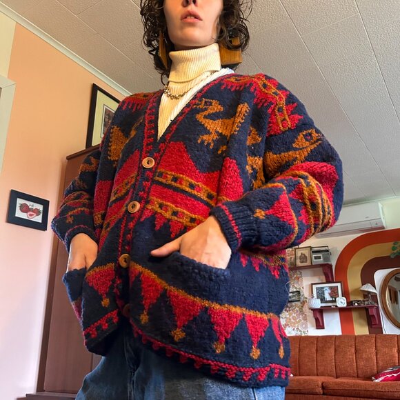 70s 80s 100% pure wool knitted red and blue cardigan - Toshy Made In Bolivia! - Picture 6 of 15